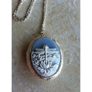Anniversary birthday gift mom Dragon Fly Locket Blue & White Victorian Necklace